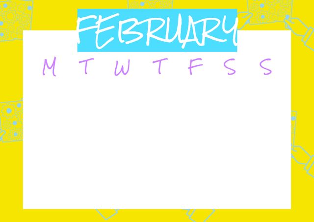 Vibrant February calendar template featuring a bright yellow background with a distinctive blue header. Ideal for adding a splash of color to your monthly planning. Perfect for personal organization, office uses, or creative projects. Suited for vibrant, engaging calendar displays.
