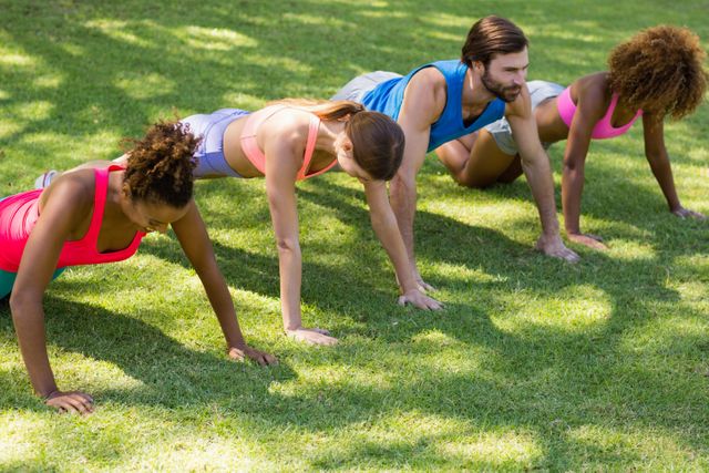 Group of friends performing push ups on grass in park. Ideal for promoting outdoor fitness, healthy lifestyle, teamwork, and group exercise activities. Suitable for fitness blogs, workout programs, and health-related advertisements.