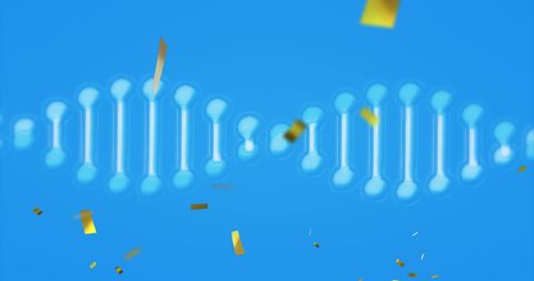 Abstract DNA Strand with Golden Confetti on Blue Background