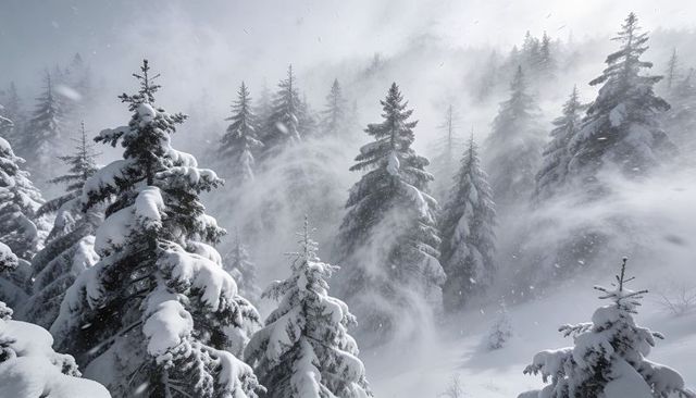 Wind-sweeping snow-covered evergreen forest on steep alpine slope, drifting snow and mist