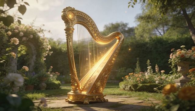 Ornate golden harp glowing in sunlit rose garden, sparkling strings on stone terrace