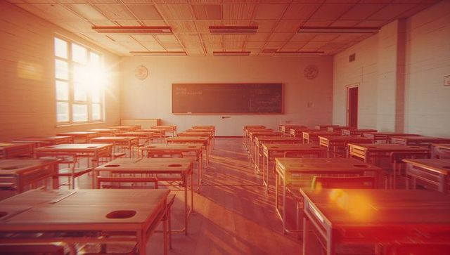 Sunlit classroom with wooden desks at sunrise