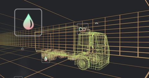 Futuristic 3D Truck with Digital Icons in Virtual Tunnel