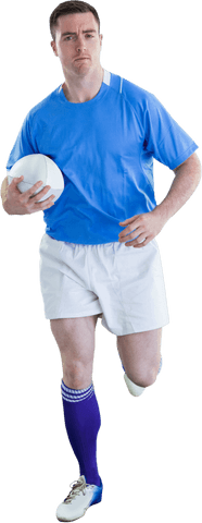 image captures athletic rugby player running with ball, highlighting physicality and energy of team sports. transparency makes it adaptable for sports websites, promotional materials, or fitness applications.
