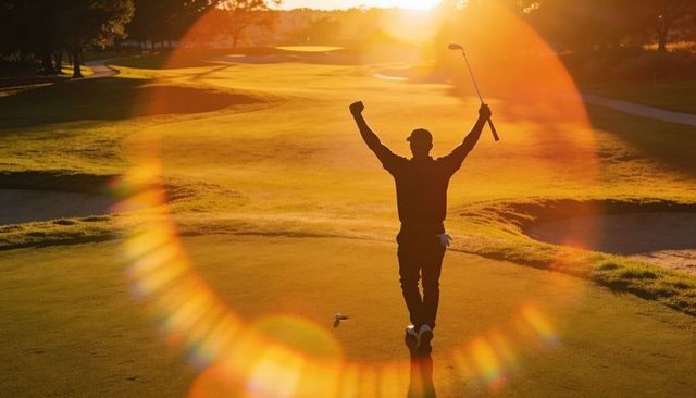 Golfer celebrating victory on sunlit fairway with dramatic lens flare at golden hour
