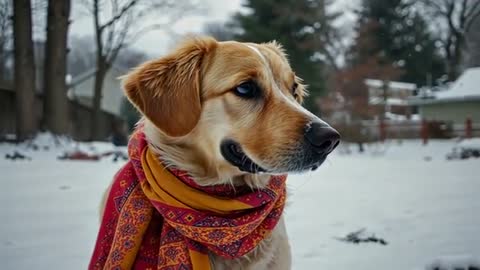 Golden Retriever in Colorful Scarf Exploring Winter Yard