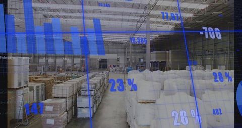 Warehouse with Data Overlay Featuring Inventory and Automation