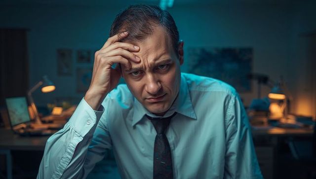 Corporate professional rubbing forehead while working late in dim office experiencing burnout
