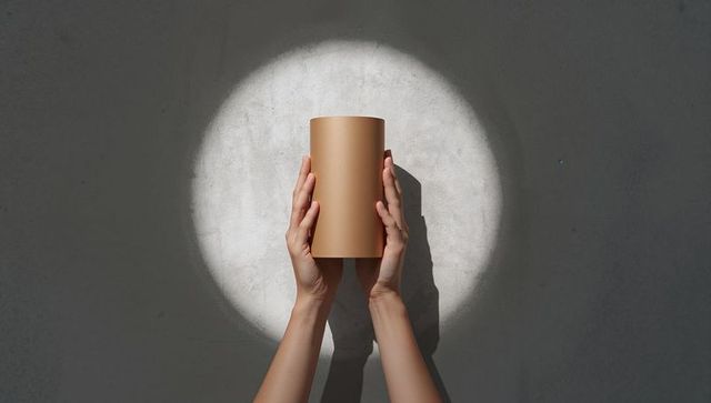 Hands presenting brown cylinder under spotlight