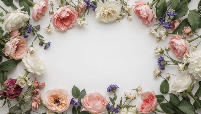 Pastel peony and rose floral border framing blank white space for elegant invitations