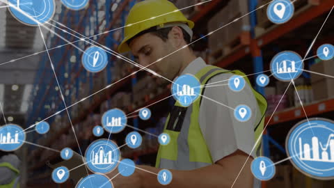Warehouse Worker Surrounded by Digital Network of Connections
