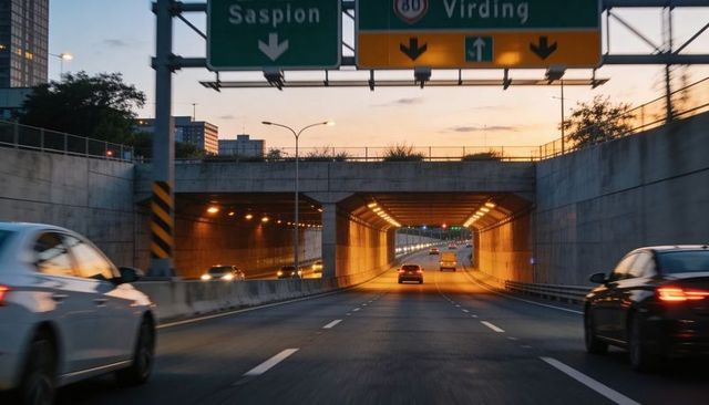 Driving into urban tunnel at dusk with illuminated overhead signs and streetlights