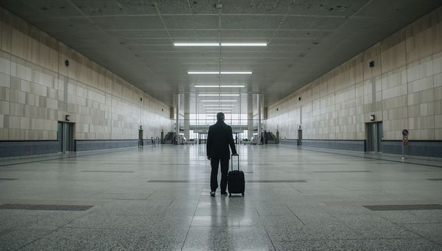 Business traveler standing in empty terminal pulling wheeled suitcase, minimalist symmetry