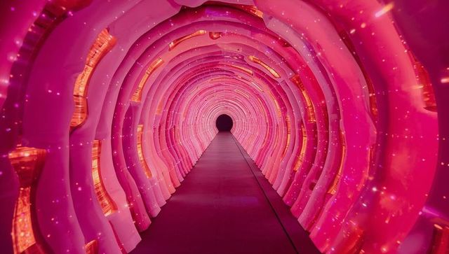 Magenta futuristic led tunnel hypnotic vanishing point ribbed archway neon corridor