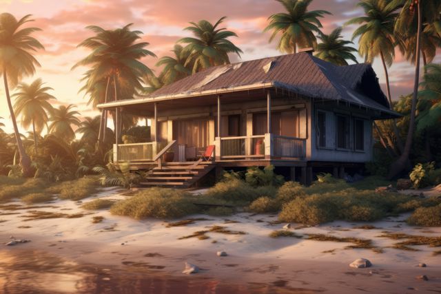Old bungalow under palms in sunset, created using generative ai technology. Home, architecture and property concept digitally generated image.