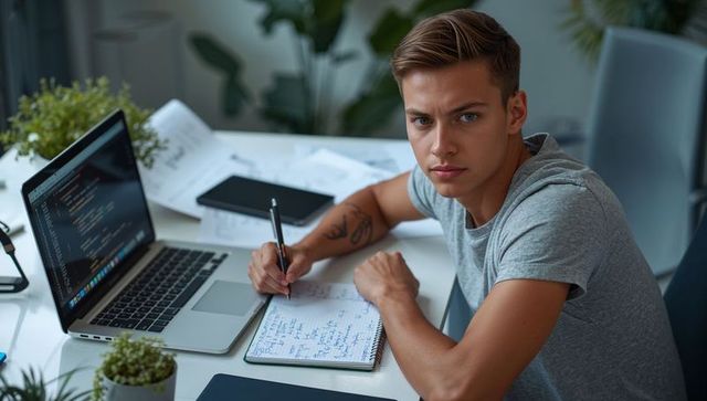 Focused young coder taking notes at minimalist home desk with laptop and tattoo