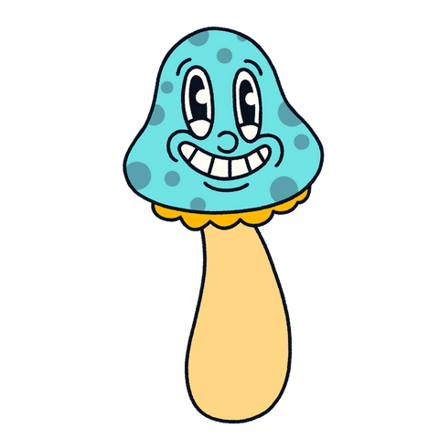 Smiling cartoon mushroom with polka dots on transparent background