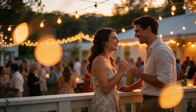 Romantic couple laughing and leaning on garden deck in evening glow under string lights
