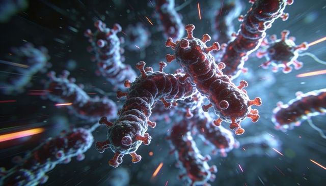 Bioluminescent rod-shaped virus close-up, spiky virions drifting in dark fluid field, 3d