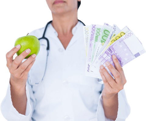 Doctor holding green apple and money in transparent setting