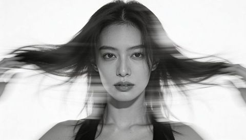 Holding long hair, asian woman facing camera with motion-blur tresses monochrome headshot