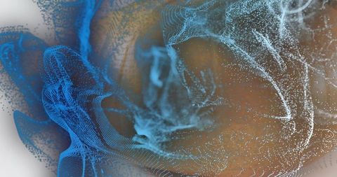 Luminous digital particle mesh and flowing ribbons conveying generative data motion