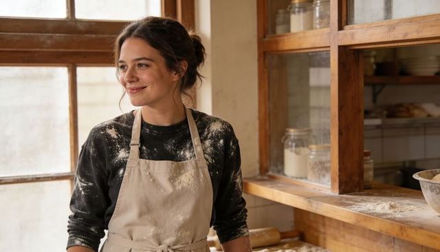 Pausing Baker Wearing Beige Apron Holding Rolling Pin in Sunlit Rustic Bakery Kitchen