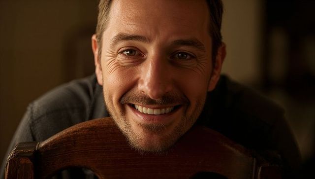 Smiling adult man leaning on wooden chair, closeup cozy warm portrait