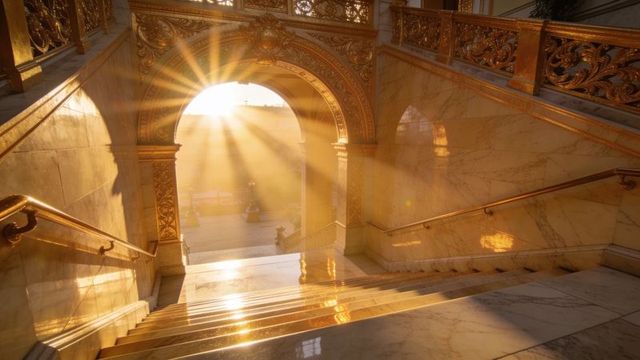 Bathing marble staircase and ornate archway in golden sunbeams, palatial interior