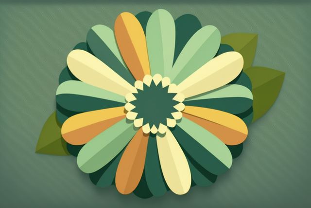 Colorful abstract paper cut-out flower placed against a green background. Flower has symmetrical design with overlapping petals in shades of green, yellow, and orange. Ideal for use in art and craft projects, educational materials, and design inspiration.