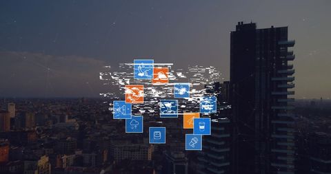 Digital Interface Icons Hovering Over Modern Cityscape
