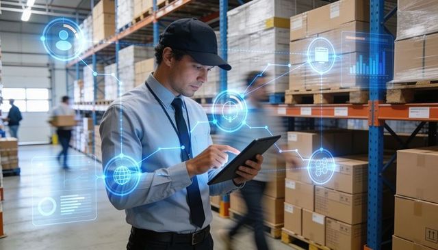 Warehouse manager using tablet with digital hud overlay for smart inventory and logistics