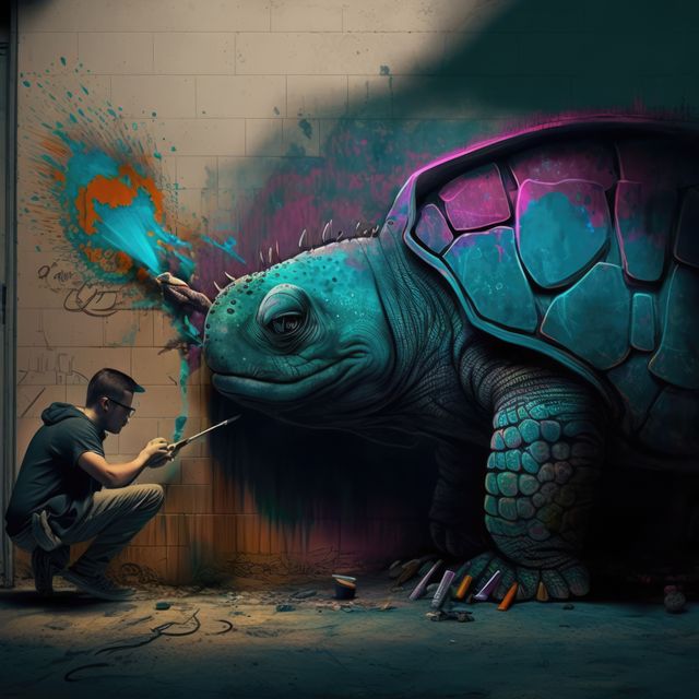 The image depicts an artist working on a vibrant mural featuring a large turtle. The scene is filled with colorful spray cans and paint splatters, highlighting modern street art creativity. This image can be used in materials related to urban art, creative processes, and artistic expressions.