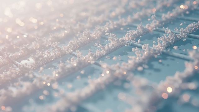Macro View of Metallic Grid with White Crystalline Clusters