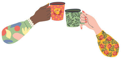 Diverse Women's Hands Holding Colorful Tea Cups on Transparent