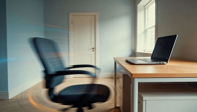 Spinning office chair creating circular light trails next to open laptop on wooden desk