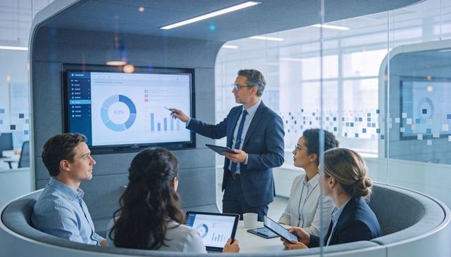 Senior executive presenting analytics in curved glass meeting pod with collaborative team