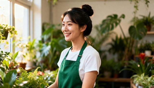 Smiling asian plant shop owner wearing green apron tending sunlit indoor plants