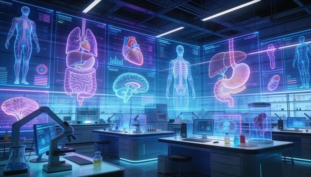 Futuristic medical lab showing holographic human anatomy and ai diagnostics