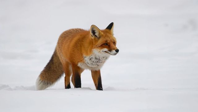 Red fox standing in snowy landscape tilting head while surveying winter tundra close-up