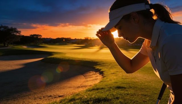 Female golfer adjusting visor at sunset on golf course silhouette and lensflare