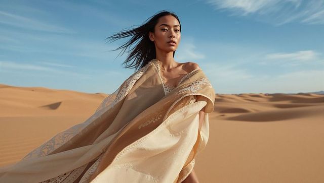 Elegant woman wrapped in shawl in serene desert landscape