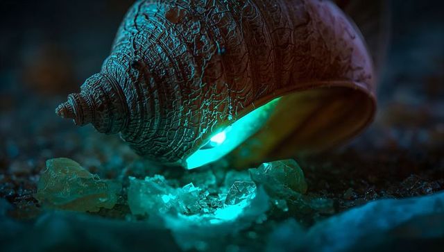 Glowing spiral seashell emitting teal light on damp sand with crystalline shards macro