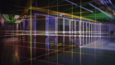 Glowing Digital Grid in a Futuristic Server Room Environment