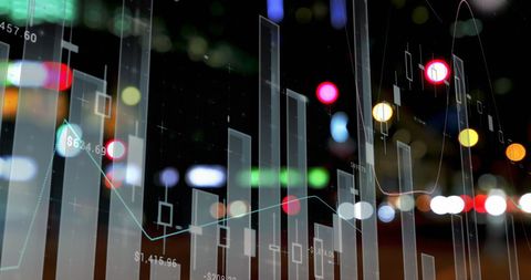 Financial data analytics over vibrant city lights background
