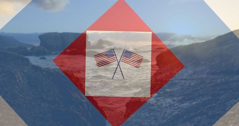 Crossed American Flags Over Rocky Ocean Sunset