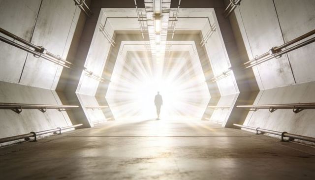 Backlit silhouette walking toward radiant exit in hexagonal industrial tunnel, journey