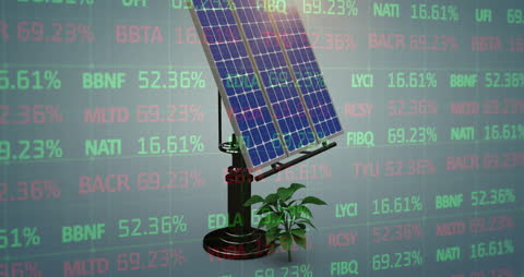 Solar Panel with Financial Data Overlay Exploring Green Energy Market