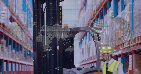 Inspecting warehouse worker operating forklift with world map overlay for global logistics