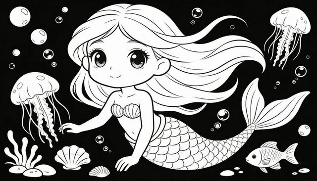 Chibi mermaid floating underwater with scaly fishtail, waving, jellyfish and bubbles